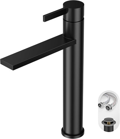 Phiestina Matte Black one Hole Tall Bathroom Vessel Sink Faucet, Single Hole Single Handle Vanity Bathroom Faucet, with Pop Up Drain and Water Supply Line, FH02-MB-V