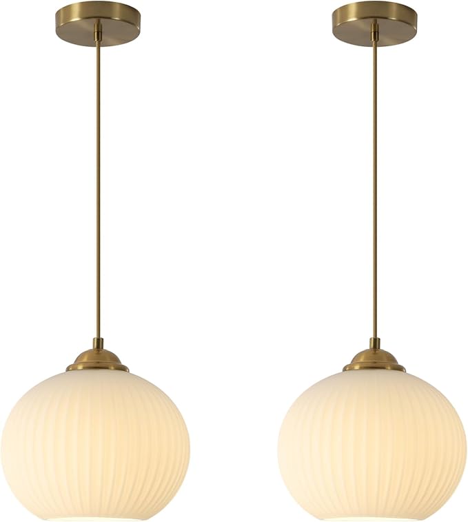 KCO Lighting Mid Century Modern Globe Pendant Light Ribbed Glass Ceiling Light Gold Hanging Light Fixtures Antique Brass Kitchen Island Pendant Lights Round Pendant Light Fixture (2 Pack)