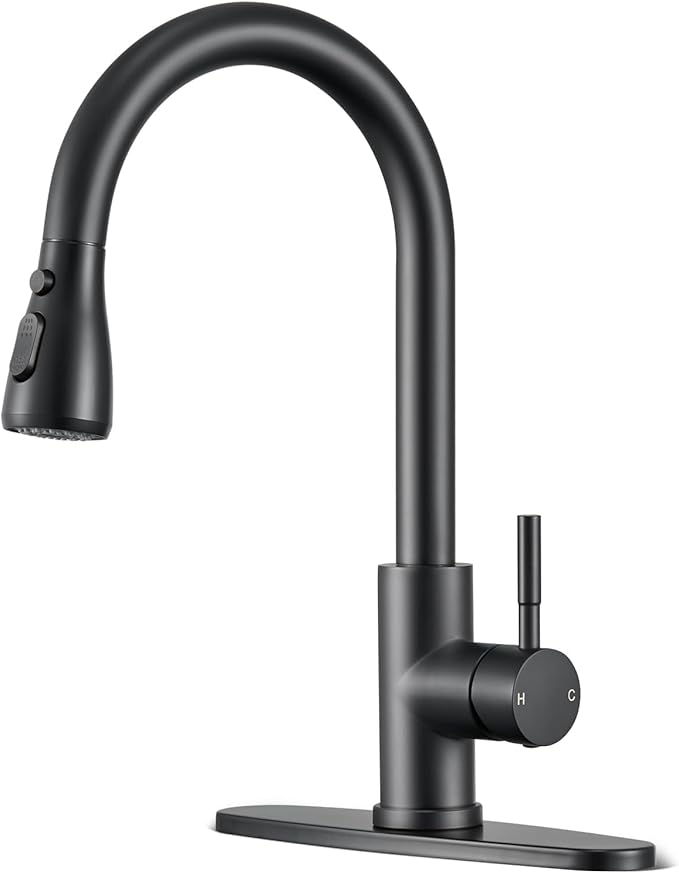 Matte Black Kitchen Faucets with Pull Down Sprayer, High Arc Single Handle Stainless Steel 1 or 3 Hole Utility Modern Faucet for Kitchen Sink, Suitable for Bar Laundry RV Farmhouse Camper