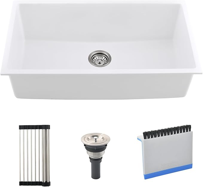 33 Inch White Undermount Kitchen Sink, 33x19 Inch Granite Composite Kitchen Sink Undermount Quartz Single Bowl Dual Mount Deep Basin with Countertop Squeegee Brush Combo