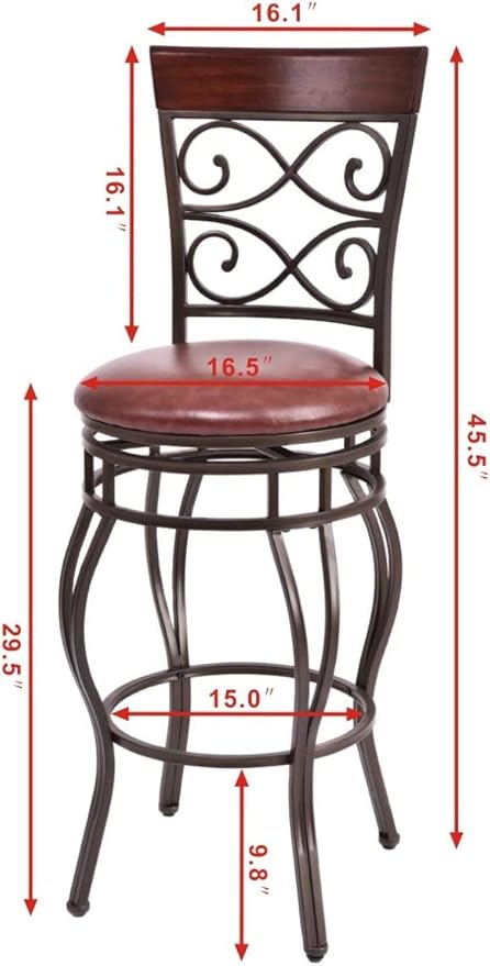 WATERJOY Retro Bar Chairs Set of 2, 360 Degree Swivel Padded Bar Stools Leather Seat Bistro Dining Kitchen Pub Metal Chairs