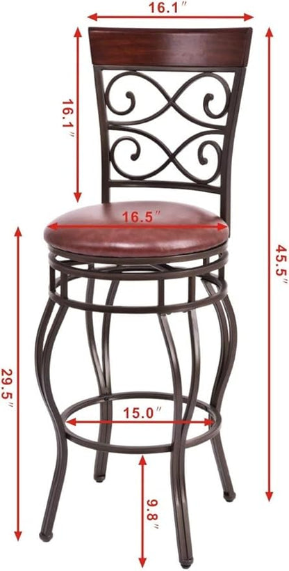 WATERJOY Retro Bar Chairs Set of 2, 360 Degree Swivel Padded Bar Stools Leather Seat Bistro Dining Kitchen Pub Metal Chairs