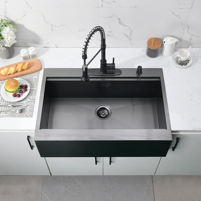 30 Inch Black Drop In Farmhouse Sink Workstation-Bokaiya 30 x 22 Black Stainless Steel Farmhouse Sink Top Mount Ledge Workstation 16 Gauge Single Bowl Drop In Kitchen Sink with Cutting Board