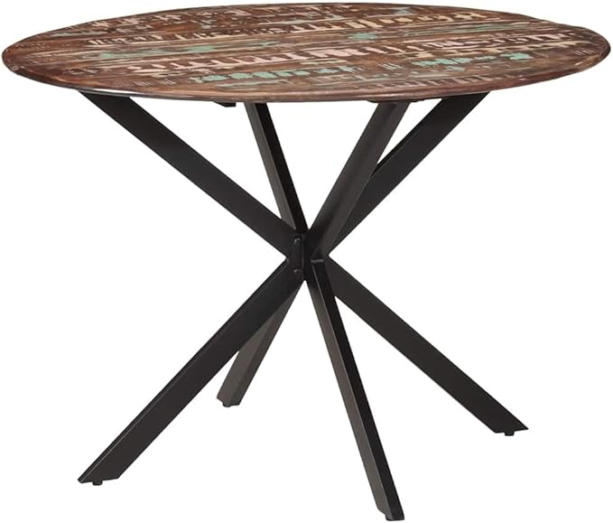 Round Dining Table Multicolor Solid Reclaimed Wood, Powder-Coated Steel, 43.3-inch for Kitchen, Dining Room, Modern Farmhouse Style, Seats 4 People