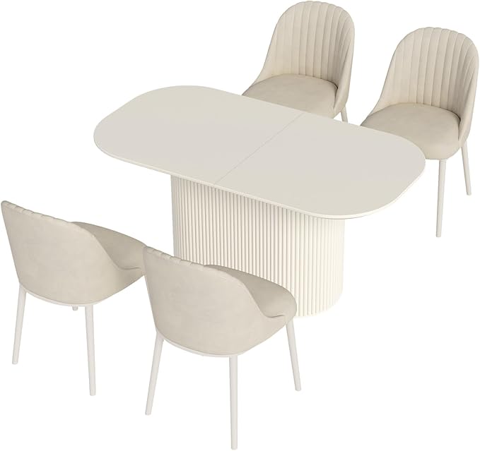 Miuuod 62.99" Large Modern Dining & Kitchen Table Set,with 4 Cushion Chairs for 6-8,Long Oval Side,Space-Saving for Dining Room,Kitchen Island,Cream White