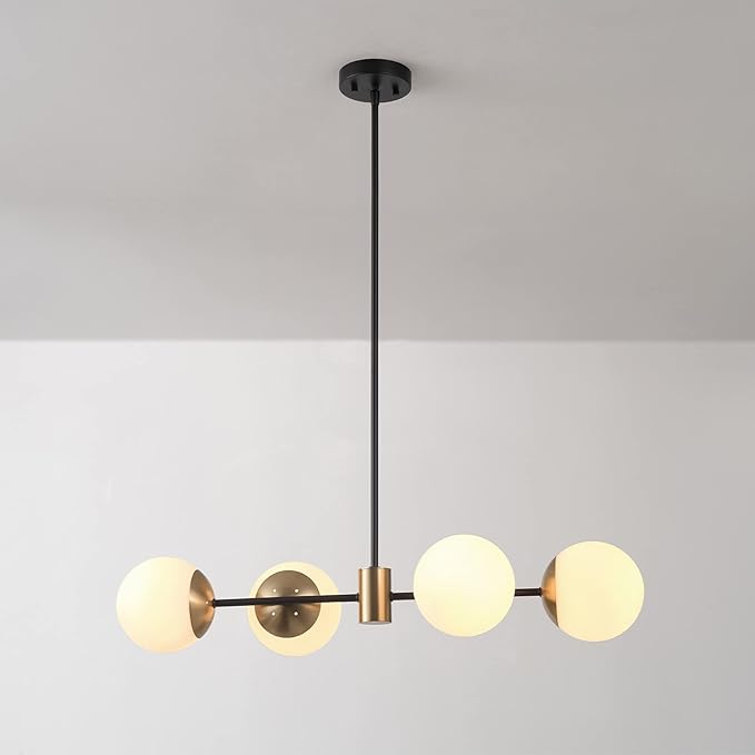 GLOBE Electric 67000064 4-Light Convertible Flush Mount Chandelier, Matte Black, Brass Accents, Opal Glass, Light Fixtures Ceiling Mount, Ceiling Light for Bedroom, Lighting for Hallway