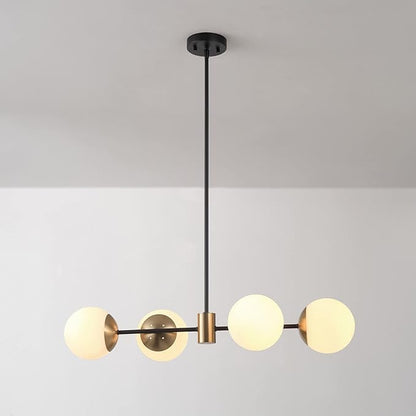 GLOBE Electric 67000064 4-Light Convertible Flush Mount Chandelier, Matte Black, Brass Accents, Opal Glass, Light Fixtures Ceiling Mount, Ceiling Light for Bedroom, Lighting for Hallway