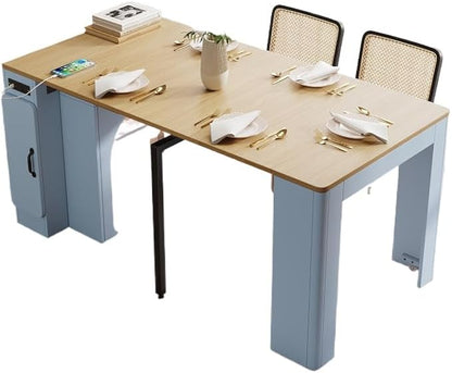 Extendable Dining Table with 3 Removable Middle Leaves, Mobile Rolling Island Table with Power Outlet, Saving-Space Cabinet with Storage for Dining Room and Living Room (Grey Blue and Natural)