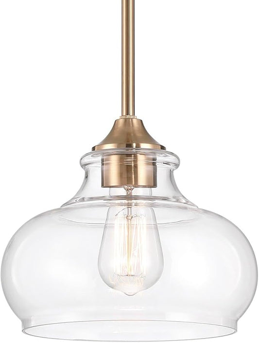 Kira Home Harlow 9" Modern Schoolhouse Pendant Light with Clear Glass Shade, Industrial Farmhouse Gold Hanging Light with Schoolhouse Glass, Cool Brass Finish