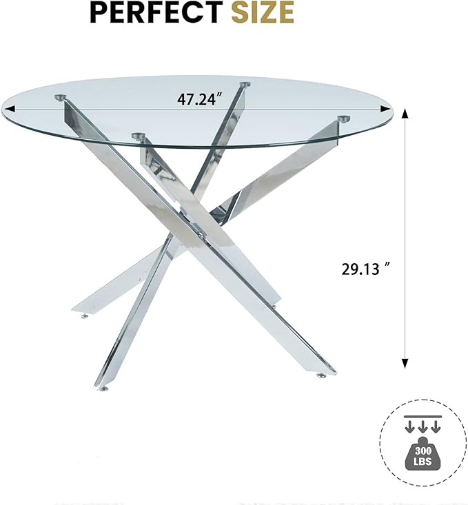 47.2'' Round Glass Dining Table for 4, Round Dining Room Table with X-Shape Metal Legs, Clear Circular Top Glass Silver Kitchen Table for 4, Perfect for Apartment Small Space