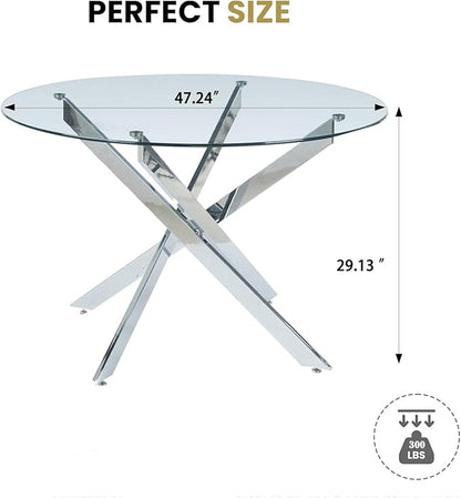 47.2'' Round Glass Dining Table for 4, Round Dining Room Table with X-Shape Metal Legs, Clear Circular Top Glass Silver Kitchen Table for 4, Perfect for Apartment Small Space