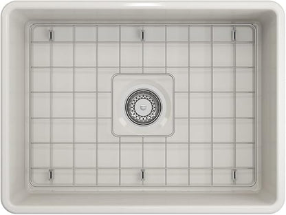 BOCCHI Classico Farmhouse Apron Front Fireclay 24 in. Single Bowl Kitchen Sink with Protective Bottom Grid and Strainer in Biscuit
