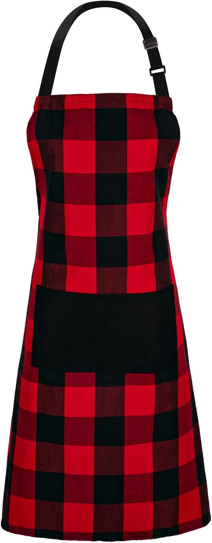 Jubatus 1 Pack Buffalo Check Apron with 2 Pockets Adjustable Bib Chef Kitchen Aprons for Men and Women, Red & Black