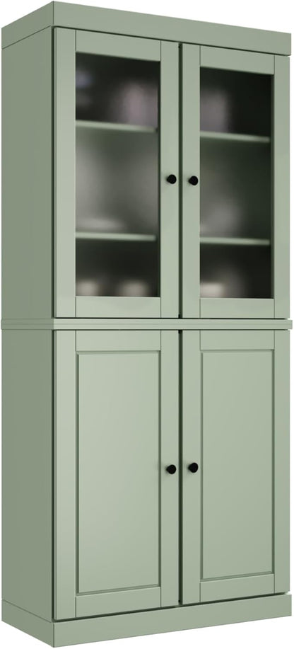 Palace Imports 100% Solid Wood Kitchen Pantry w/ 2 Frosted Glass Doors &Bottom Wooden Storage Cabinet, Sage, 32" w x 71.5" h, Renewable Eco-Friendly Wood, Made in Brazil