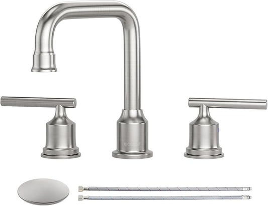 WOWOW 2 Handles 8 inch Widespread High Arc Bathroom Faucet Brushed Nickel Lavatory Faucet 3 Hole 360°Swivel Spout Modern Sink Basin Faucets