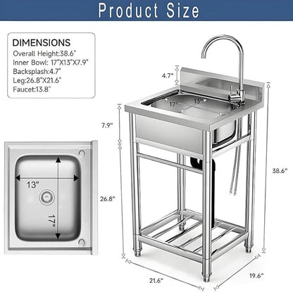 Stainless Steel Utility Sink with Faucet - Freestanding Single Bowl Sink for Commercial Kitchen, Laundry, Garage, Shop, Patio, Outdoor Prep & Wash Sink with Shelf, Fregadero Para Patio Exterior - 23In