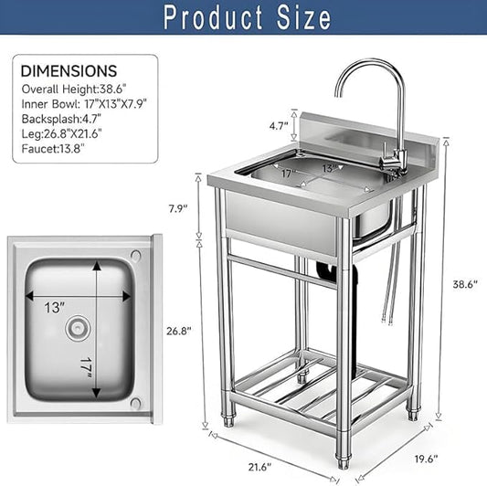 Stainless Steel Utility Sink with Faucet - Freestanding Single Bowl Sink for Commercial Kitchen, Laundry, Garage, Shop, Patio, Outdoor Prep & Wash Sink with Shelf, Fregadero Para Patio Exterior - 23In