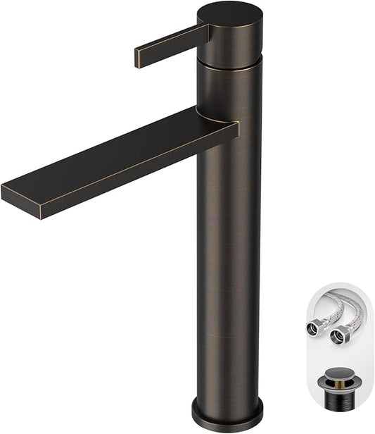 Phiestina One Hole Tall Bathroom Vessel Sink Faucet, Oil Rubbed Bronze Single Hole Single Handle Modern Bathroom Faucet, with Pop Up Drain and Water Supply Line, FH02-ORB-V