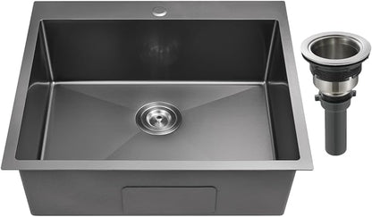 25-Inch Drop-In Kitchen Sink - TSIBOMU 25x22 Inch Kitchen Sinks Topmount Single Bowl Single Hole 8.5 inch Deep Bowl 18 Gauge Stainless Steel Black
