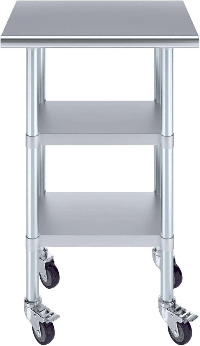 Stainless Steel Work Table with 2 Shelves and Casters | Kitchen Island Food Prep | Laundry Garage Utility Bench | NSF Certified (24" Long x 18" Deep)
