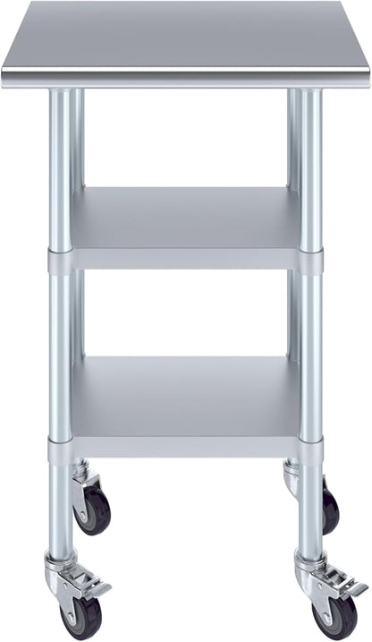 Stainless Steel Work Table with 2 Shelves and Casters | Kitchen Island Food Prep | Laundry Garage Utility Bench | NSF Certified (24" Long x 18" Deep)
