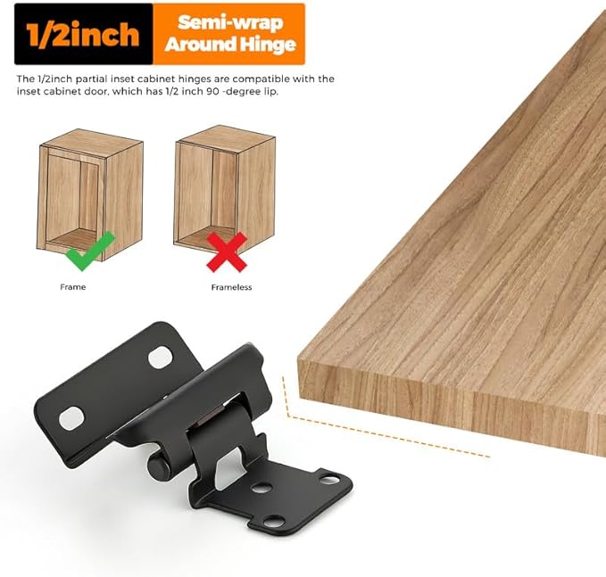 Ravinte 10 Pack 5 Pairs Semi-Overlay 1/2 inch Self-Closing Face Frame Cabinet Hinges Matte Black Half Wrap-Around Kitchen Door Hinges Face Mount Cabinet Hardware