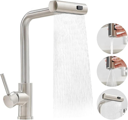 OWOFAN Kitchen Faucet with Pull Down Sprayer Waterfall Single Hole Single Handle Stainless Steel Kitchen Sink Faucets Brushed Nickel