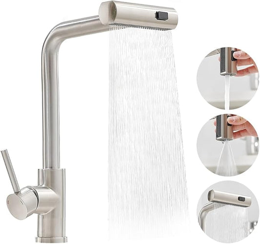 OWOFAN Kitchen Faucet with Pull Down Sprayer Waterfall Single Hole Single Handle Stainless Steel Kitchen Sink Faucets Brushed Nickel