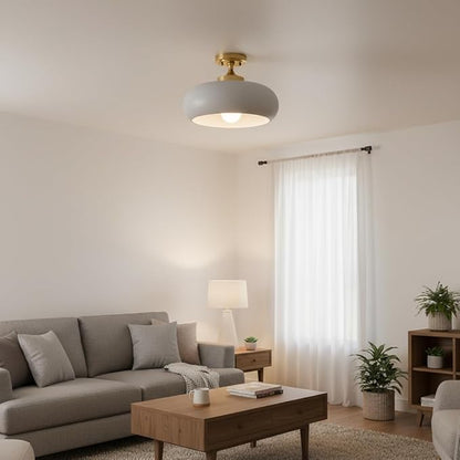 Mid Century Modern Semi Flush Mount Ceiling Light, Gold Kitchen Ceiling Light Fixture with Glass Shade, Grey Close to Ceiling Lamp Mini Chandeliers for Entryway Hallway Bathroom