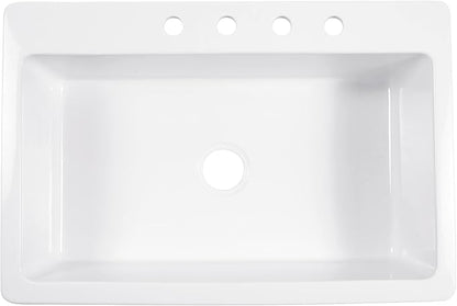 Sinkology Jackson 33 Inch White Fireclay Drop-In Kitchen Sink, Single Bowl, 4 Faucet Holes, Fits 36 Inch Cabinet, Surefire Finish