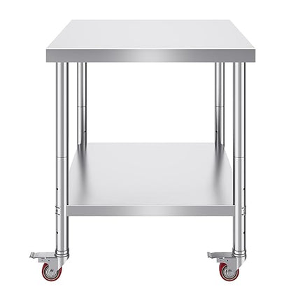 Vevor 30x36x34 Inch Stainless Steel Work Table 3-Stage Adjustable Shelf with 4 Wheels Heavy Duty Commercial Food Prep Worktable with Brake for Kitchen Prep Work