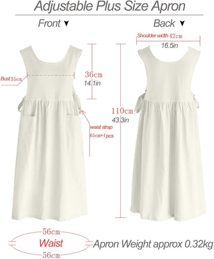 Women Plus Size Cotton Linen Vintage Pleated Split Apron Pinafore Dress with Two Pockets