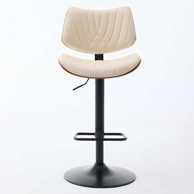 Walnut Bentwood Stools Mid Century Modern Adjustable Counter Height Black Leather Upholstered 360°Swivel Chairs for Kitchen Island/Dining Room/Cafe