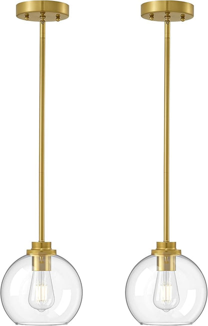 EDISHINE Pendant Light Fixtures 2 Pack with Clear Glass Globe Shade, Gold Kitchen Hanging Lighting Over Island, Hardwired Adjustable Metal Rod for Dining Room, Entryway