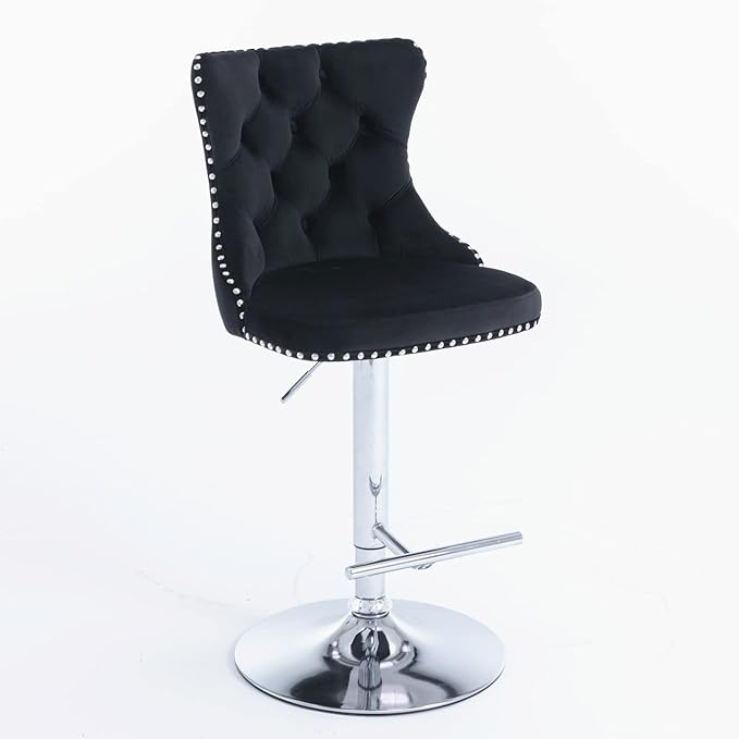 Furniture,Swivel Velvet Adjusatble Seat Height from 25 33 Inch, Modern Upholstered Chrome Base Bar Stools with Backs Comfortable Tufted for Home Pub and Kitchen Island（Black,Set of 2）