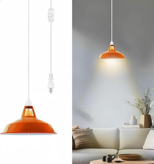 Plug in Pendant Light, 13.1FT Hanging Light with Plug in Cord and On/Off Switch, Industrial Orange Barn Metal Shade Pendant Light for Kitchen Island, Dining Room, Bar, Cafe, Living Room, Orange