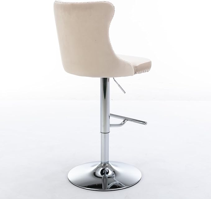 Swivel Velvet Bar stools Adjusatble Seat Height from 25 33 Inch, Upholstered Chrome Base Bar Stools with Backs Comfortable Tufted for Home Pub and Kitchen Island, Beige,Set of 2