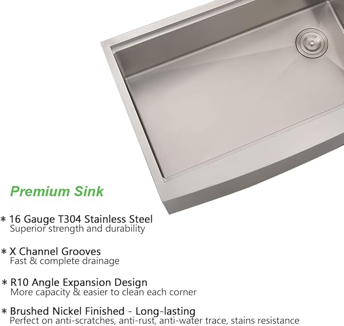 33 Inch Farmhouse Sink For Kitchen, 33x22 Inch Stainless Steel Farm Sink Undermount Apron Front 16 Gauge Single Bowl Workstation Kitchen Sink