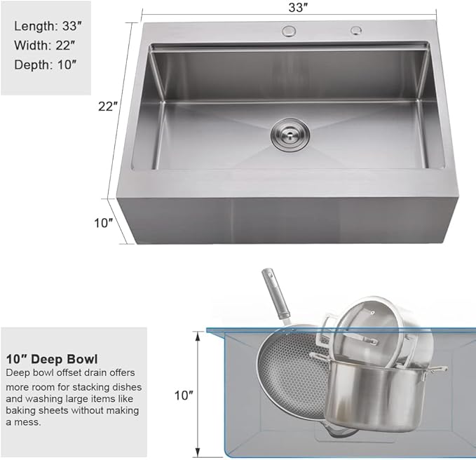 33 Inch Farmhouse Drop In Kitchen Sink Workstation - 33X22 inch Apron Front Kitchen Sink Workstation Single Bowl 16 Gauge Stainless Steel Farm Sink