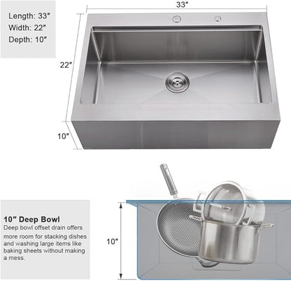 33 Inch Farmhouse Drop In Kitchen Sink Workstation - 33X22 inch Apron Front Kitchen Sink Workstation Single Bowl 16 Gauge Stainless Steel Farm Sink