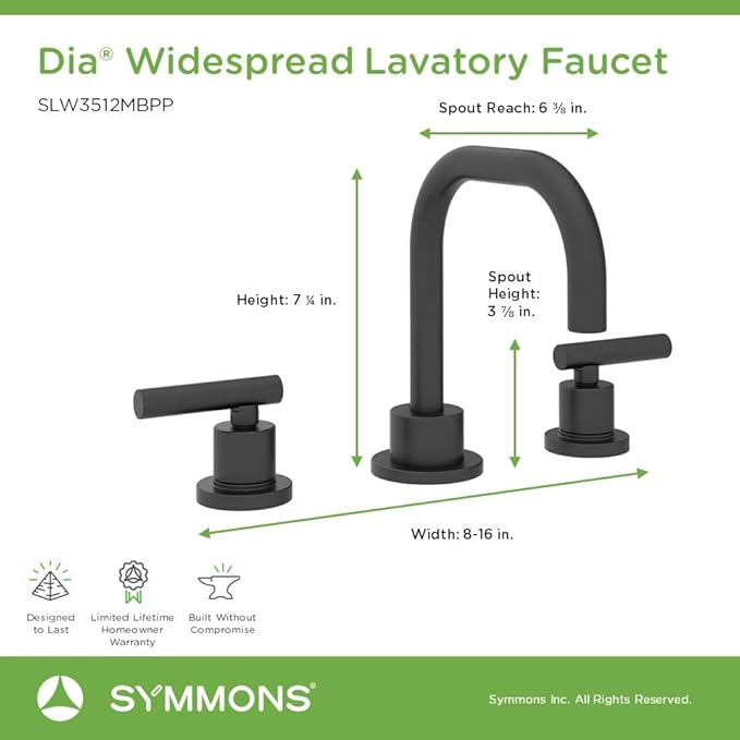 Symmons Dia Widespread Two-Handle Bathroom Faucet with Push Pop Drain Assembly in Matte Black (1.0 GPM), Large