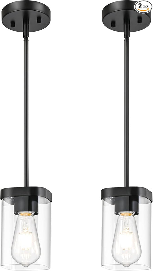 Modern Pendant Light Fixtures 2-Pack, Matte Black Pendant Lights Kitchen Island with Square Transparent Glass, Glass Pendant Light for Dining Room, Bedroom, Living Room, Farmhouse