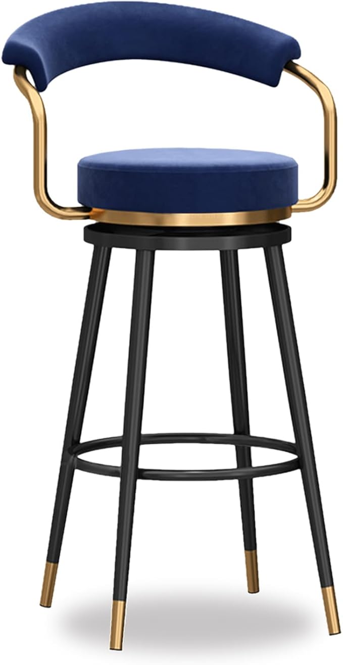 Swivel stools 1PC, Velvet Upholstered Stools with Hollow Back, Metal Chair Legs & Footrest for Kitchen Island Dining Room Pub Home, Seat Height 65cm, Black (Blue Seat Height 75cm)