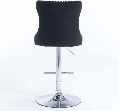 Swivel Velvet Bar stools Adjusatble Seat Height from 25 33 Inch, Upholstered Chrome Base Bar Stools with Backs Comfortable Tufted for Home Pub and Kitchen Island（Black,Set of 2）