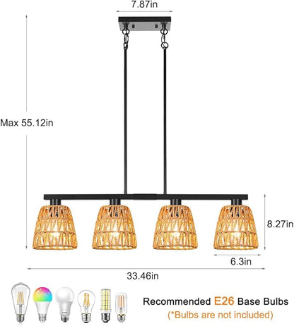 Black 4-Light Kitchen Island Lighting, Boho Rattan Dining Room Light Fixture, Farmhouse Island Light for Kitchen with Shade, Adjustable Linear Chandelier Pendant Lights Kitchen Island Over Bars, Table