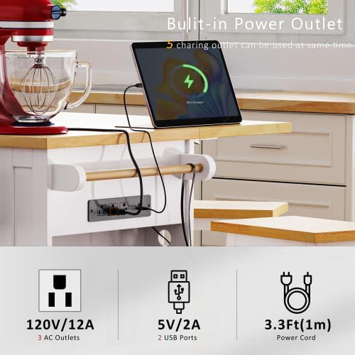 53" Mobile Kitchen Island with Drop Leaf, Rolling Kitchen Cart with Power Outlet and Door Internal Storage Rack, Island Table with 5 Open Side Racks for Dining Room (White)