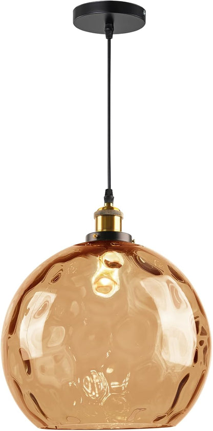 Vintage Amber Pendant Lighting, 13.8" Large Glass Pendant Light with Hammered Globe Shade, Modern Farmhouse Black and Gold Pendant Hanging Light Fixture for Kitchen Island Dining Room Bedroom