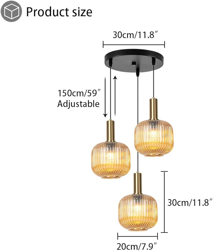 3-Light Cluster Pendant Lights Glass Globe Chandelier Amber Adjustable Hanging Ceiling Lighting Mid Century Modern Gold Pendant Lamps for Bedroom Dining Room Living Room