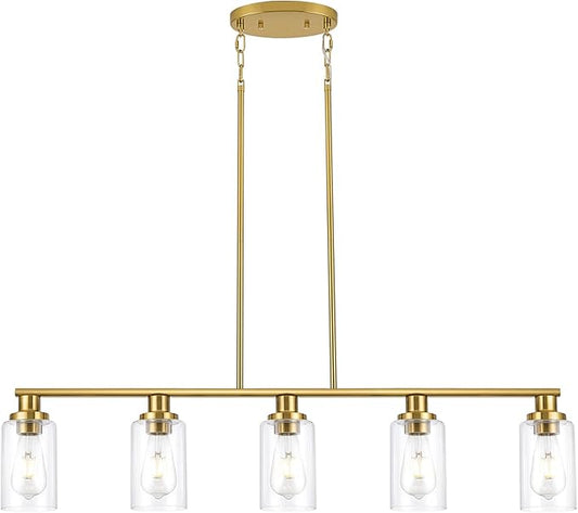 Kitchen Island Lighting, 5-Light Modern Dining Room Light Fixtures Over Table,Farmhouse Gold Linear Chandeliers for Dining Room, Industrial Pendant Lights Fixture with Clear Glass Shade