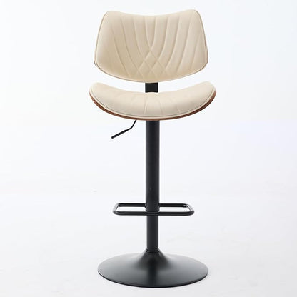 Walnut Bar Stools Adjustable Counter Height Black Leather Upholstered 360°Swivel Bar Chairs for Kitchen Island,Dining Room,Cafe,Beige,Set of 2